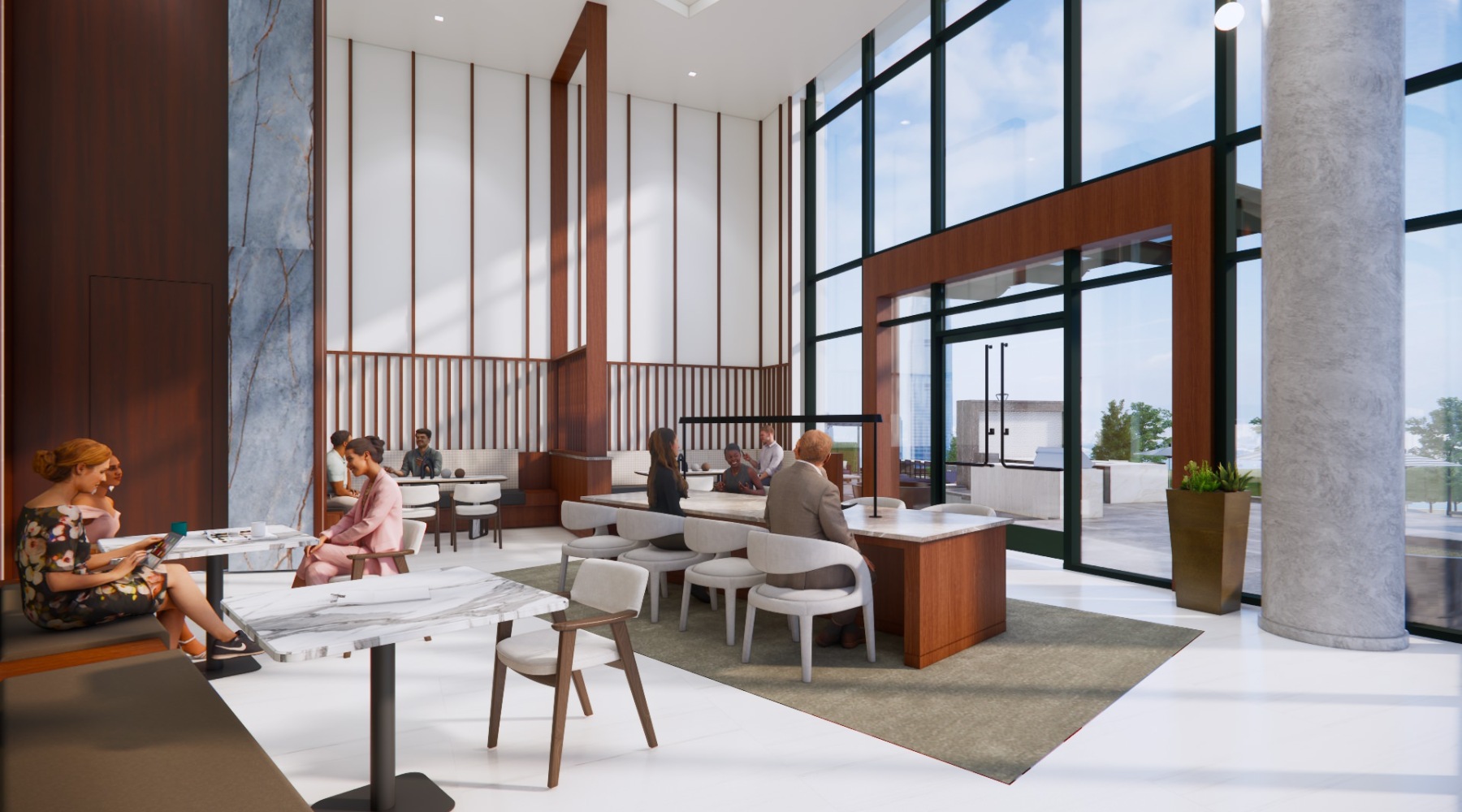 a lobby with couches, chairs and people