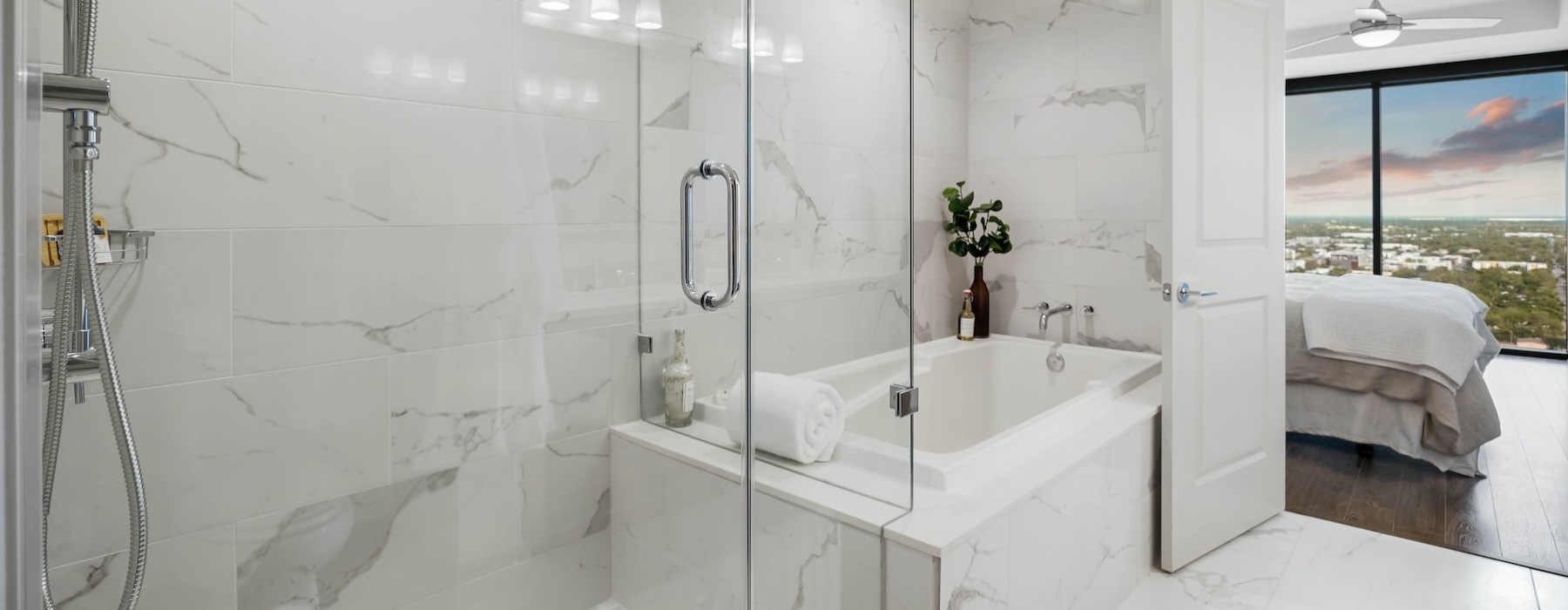 a bathroom with a glass shower