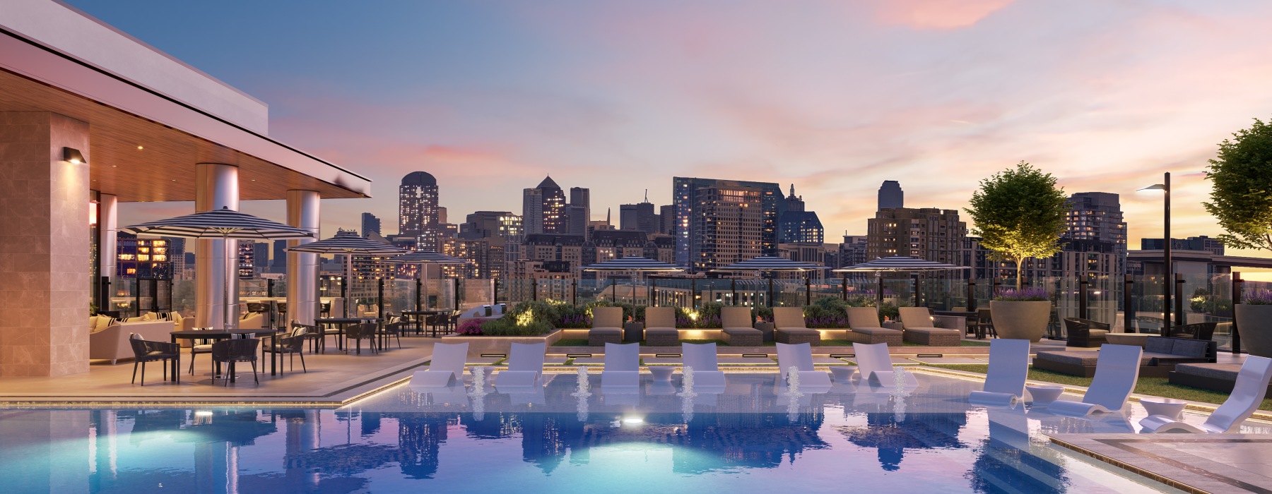 a large pool with chairs around it